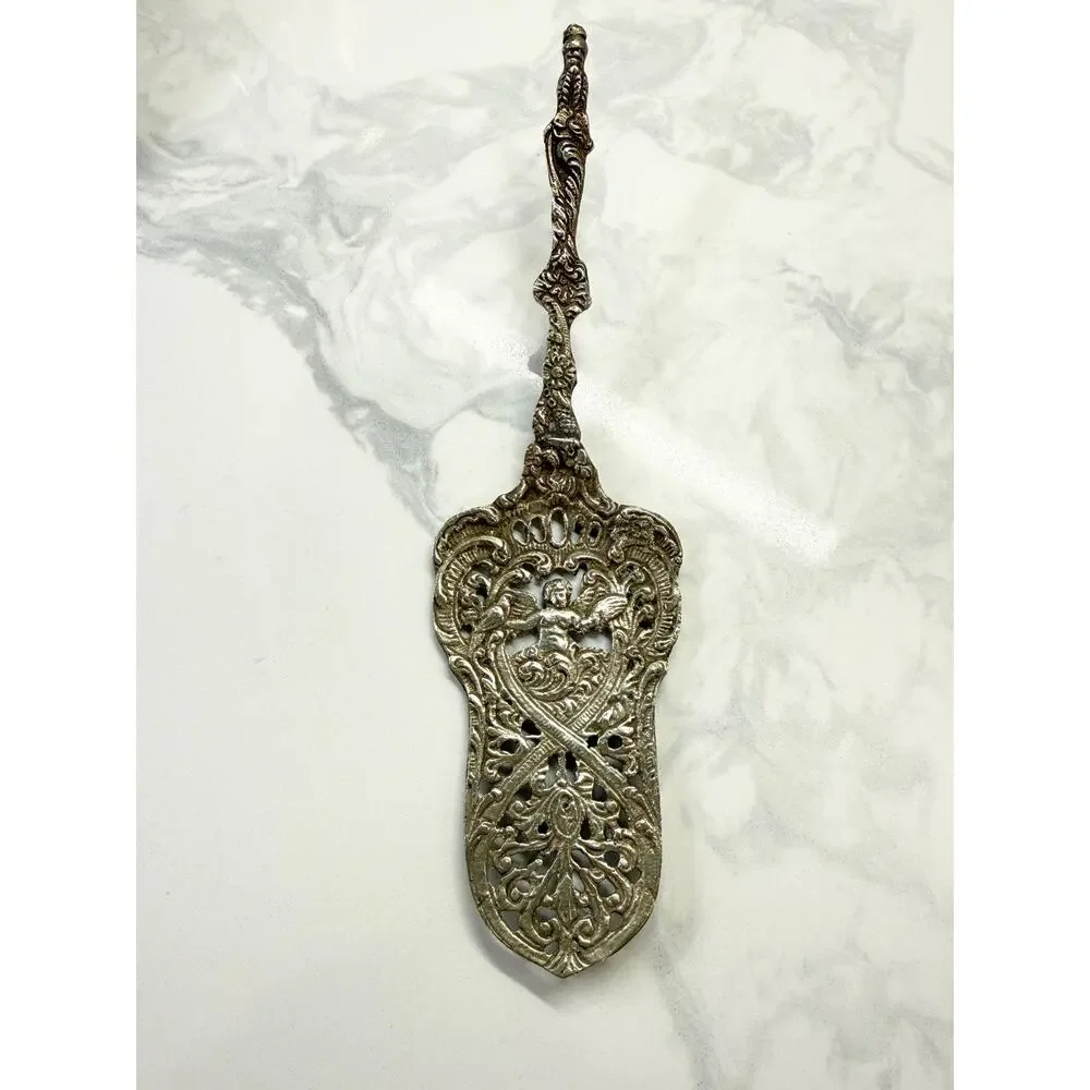 Vtg Italian Baroque Silver Plated Brass Cake Dessert Server Pierced Cherub Angel